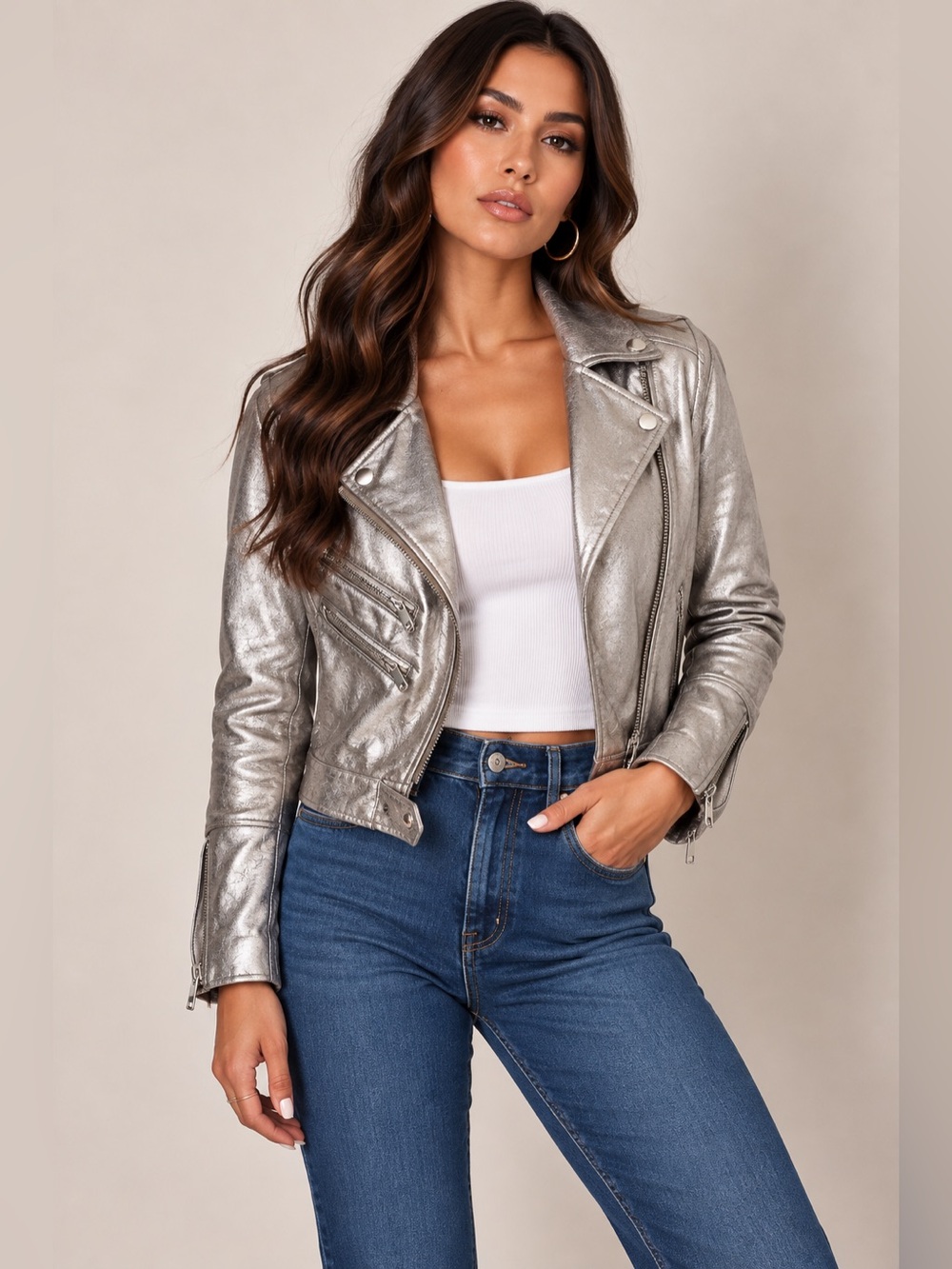 Metallic Silver Biker Jacket - Womens